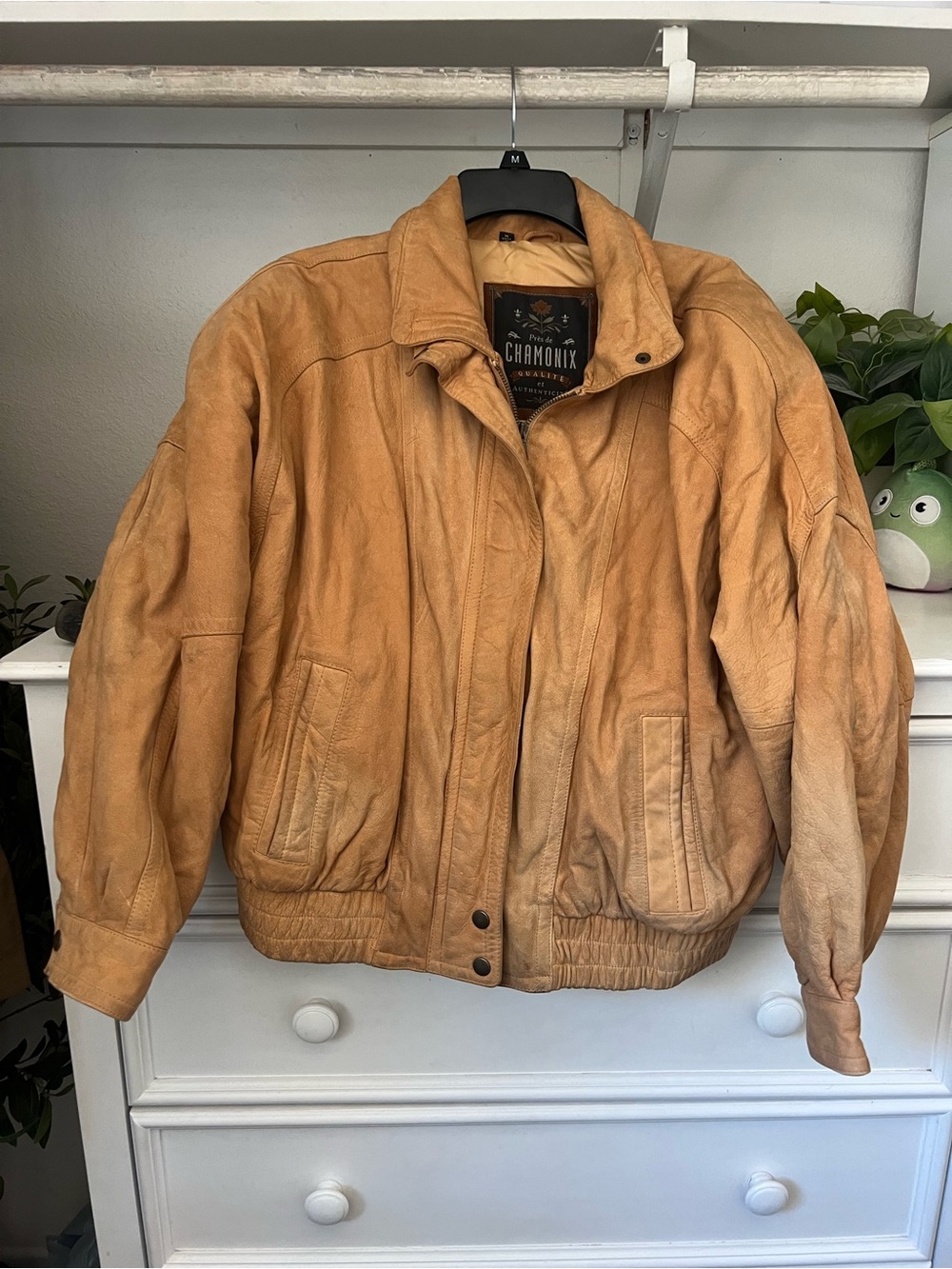 Men's Tan Leather Bomber Jacket Size M